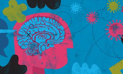 Artist’s rendering of brain fog: a bright blue drawing of a brain sits inside of a pink drawing of a head in profile surrounded by miscellaneous shapes Artist’s rendering of brain fog: a bright blue drawing of a brain sits inside of a pink drawing of a head in profile surrounded by miscellaneous shapes